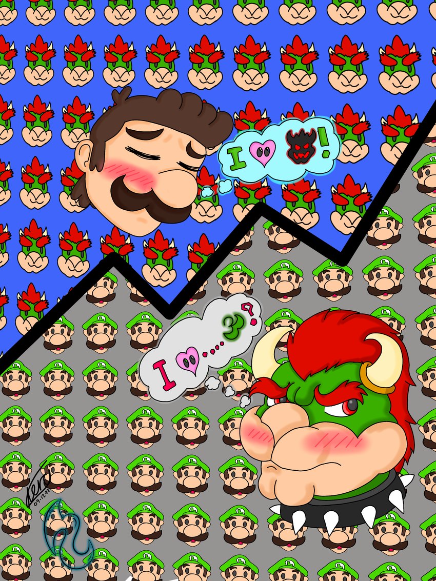 accessory anthro blush blush_lines blushing_profusely brown_eyebrows brown_facial_hair brown_hair brown_mustache collar duo eyebrows eyes_closed facial_hair green_body green_scales hair heart_symbol king male male/male mustache red_eyebrows red_eyes red_hair royalty scales short_hair simple_background size_difference smaller_human smaller_male smile spiked_collar spikes teru_natsuki mario_bros nintendo bowser luigi human koopa mammal scalie 3:4 absurd_res hi_res