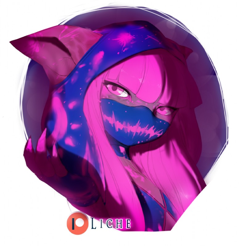 adolescent big_ears brown_body brown_skin claws clothing female hair hood long_hair looking_at_viewer magenta_hair mask paint purple_eyes simple_background solo spray_paint young licheart guild_wars spotty_(spotte) animal_humanoid asura humanoid bust_portrait portrait