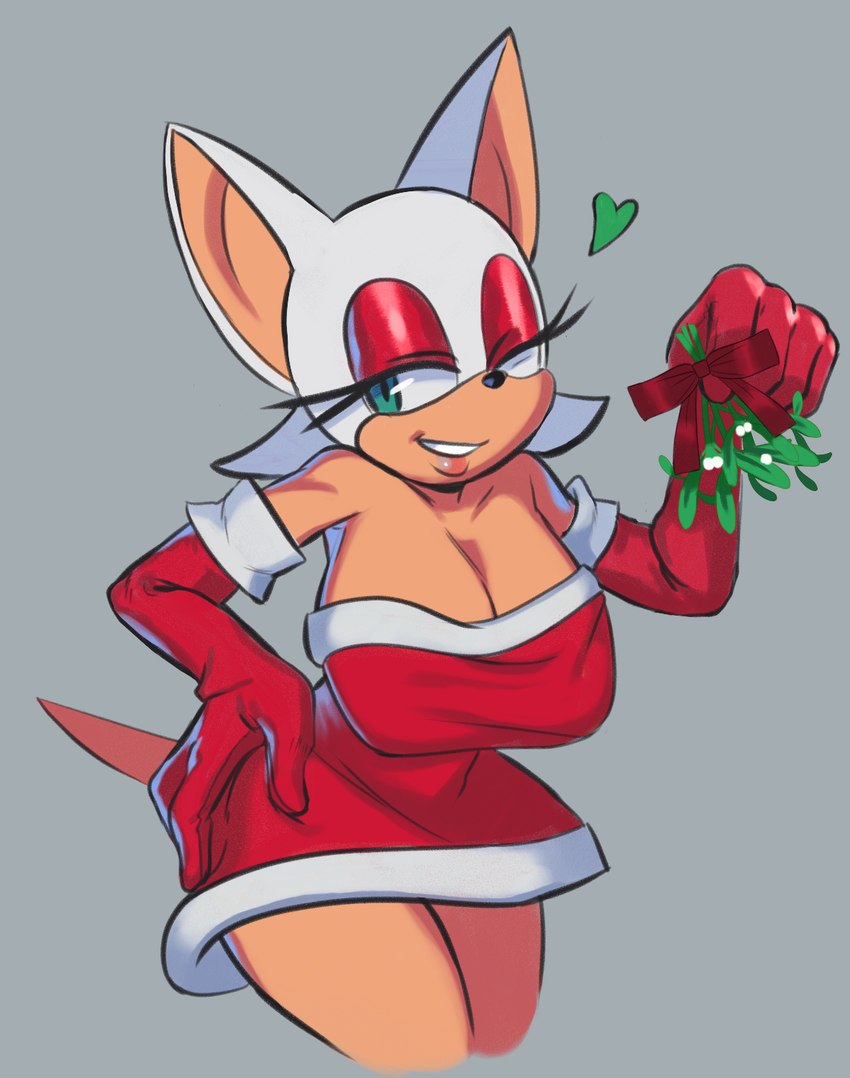 anthro armwear breasts cleavage clothed clothing elbow_gloves eyeshadow female gloves handwear heart_symbol makeup mistletoe one_eye_closed plant simple_background smile solo tan_body tan_skin wink rokkerth sega sonic_the_hedgehog_(series) rouge_the_bat bat mammal hi_res