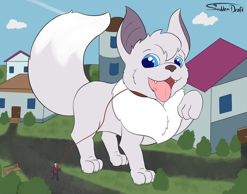 clothed_human cloud collar domestic_pet extreme_size_difference feral larger_feral larger_pet leash macro male outside size_difference smaller_human teeth tongue tongue_out walking suddendraft nintendo pokemon inari_(devsoftpaw) eevee generation_1_pokemon human mammal pokemon_(species) shiny_pokemon 2019 hi_res