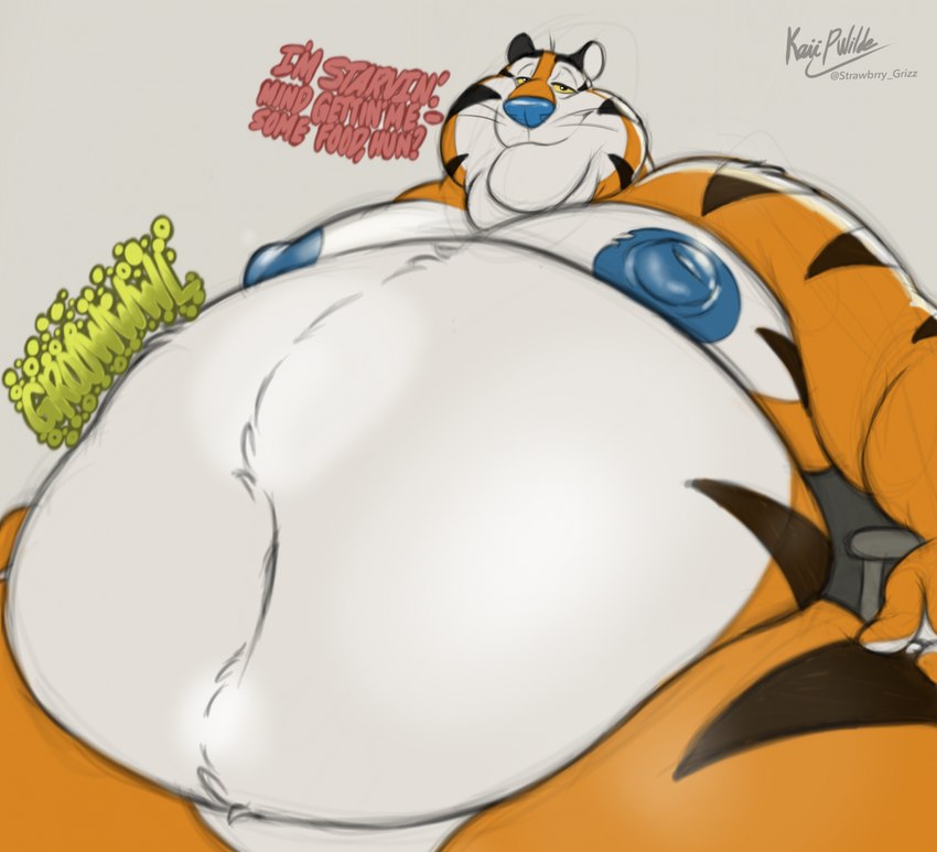 anthro areola belly big_areola big_belly dialogue fur half-closed_eyes looking_at_viewer low-angle_view male mascot morbidly_obese morbidly_obese_anthro morbidly_obese_male mouth_closed narrowed_eyes navel nude obese obese_anthro obese_male overweight overweight_anthro overweight_male rumbling_stomach smile smiling_at_viewer smirk smirking_at_viewer solo sound_effects striped_body striped_fur stripes text whiskers husky2paws frosted_flakes kellogg's tony_the_tiger felid mammal pantherine tiger 2024 hi_res signature