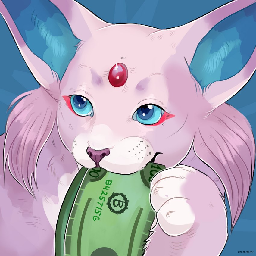 ambiguous_gender banknote blue_background blue_eyes blue_inner_ear blue_sclera cheek_tuft facial_tuft feral front_view fur glistening glistening_eyes money money_in_mouth pink_body pink_ears pink_fur purple_nose simple_background solo tuft roobin nintendo pokemon eeveelution espeon generation_2_pokemon pokemon_(species) 1:1 artist_name