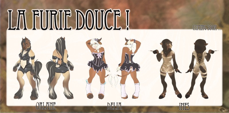 anthro cabaret clothing corset female french front_view group la_furie_douce legwear lingerie rear_view standing stockings tail tail_tuft topwear tuft underwear shalinka delia_(shalinka) ines_(shalinka) orlane_(shalinka) bovid bovine caprine cattle domestic_sheep equid equine hereford_cattle horse mammal sheep digital_media_(artwork) full-length_portrait hi_res portrait