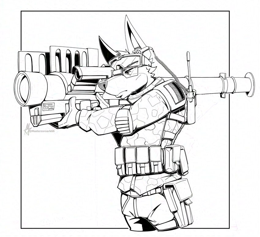 clothing electronics flag german_flag half_body holster javelin launcher military military_clothing plate_carrier radio ranged_weapon rocket_launcher uniform weapon masterzoroark666 canid canine canis dobermann domestic_dog mammal pinscher black_and_white hi_res line_art monochrome