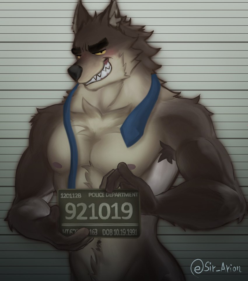 anthro armpit_hair black_eyebrows black_nose blue_necktie blush body_hair brown_body brown_fur chart cheek_tuft chest_tuft clothed clothing eyebrows facial_tuft fur grin head_tuft height_chart holding_object holding_sign imperial_unit inner_ear_fluff jail_placard male male_anthro measurements necktie nipples number placard police_lineup sign smile smug solo tan_body tan_fur topless tuft unit untied_necktie yellow_eyes sir_arion dreamworks the_bad_guys mr._wolf_(the_bad_guys) canid canine canis mammal wolf 2021 absurd_res digital_media_(artwork) digital_painting_(artwork) hi_res painting_(artwork) signature