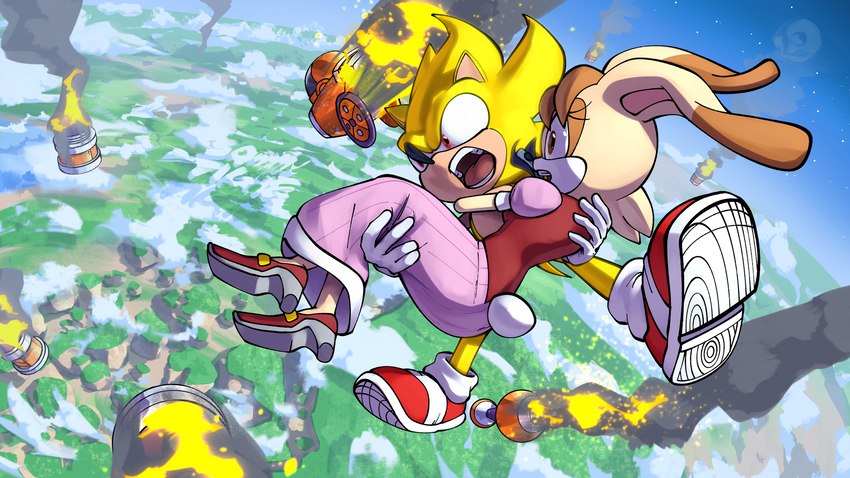 action_pose action_scene anthro atmospheric_perspective breasts bridal_carry butt carrying_another clothed clothing debris duo falling falling_object female fire fur male open_mouth pose rescue sky skydiving skyscape space super_form tan_body tan_fur water yellow_body yellow_fur tighesammy sega sonic_advance_2 sonic_the_hedgehog_(series) sonic_the_hedgehog super_sonic vanilla_the_rabbit eulipotyphlan hedgehog lagomorph leporid mammal rabbit 16:9 hi_res widescreen