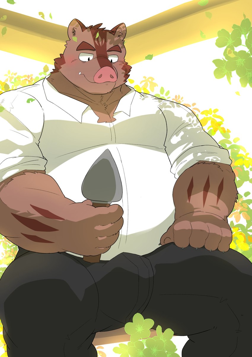 anthro bottomwear brown_body bulge clothing humanoid_hands kemono male musclegut muscular overweight overweight_male pants plant shirt sitting solo topwear wnsgh2466 knights_college hermann_(knights_college) mammal suid suina sus_(pig) wild_boar 2023 absurd_res hi_res