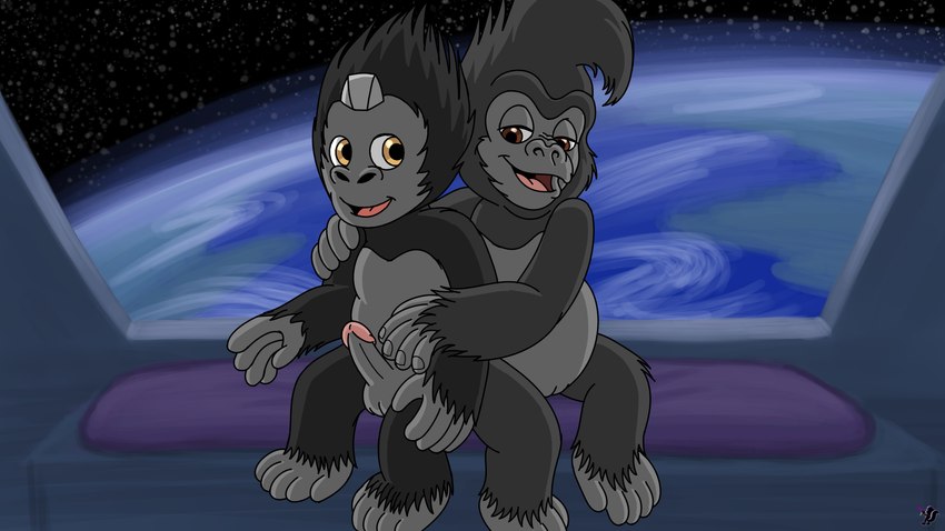 anthro anthro_on_anthro balls black_body black_fur brown_eyes duo earth erection female fur genitals hand_on_shoulder male male/female nude open_mouth open_smile penis planet pussy sitting smile spacecraft vehicle young young_anthro young_on_young omatic blizzard_entertainment disney overwatch tarzan_(disney) terk winston_(overwatch) ape gorilla haplorhine mammal primate 16:9 crossover hi_res widescreen