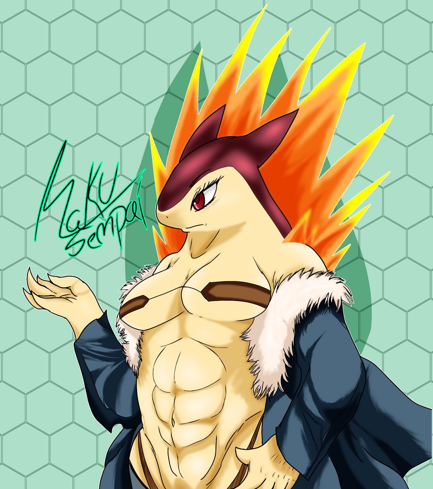 abs clothing coat female fire glare muscular muscular_female pattern_background red_eyes simple_background solo topwear rakusenpai nintendo pokemon chaqueta huron sonya generation_2_pokemon humanoid pokemon_(species) typhlosion digital_drawing_(artwork) digital_media_(artwork) hi_res