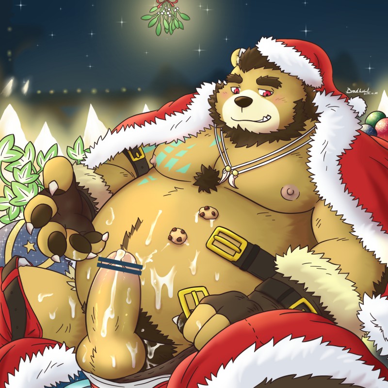 anthro balls belly blush bodily_fluids bottomwear brown_body brown_fur christmas_clothing christmas_headwear clothing cookie cum cum_on_belly cum_on_body cum_on_penis cute_fangs erection fangs food fur genital_fluids genitals hat headgear headwear holidays humanoid_genitalia humanoid_penis male moobs navel night nipples outside overweight overweight_anthro overweight_male pants penis pubes santa_hat solo teeth underwear mtflying30371 christmas santa_claus bear mammal 1:1 2019 censored hi_res