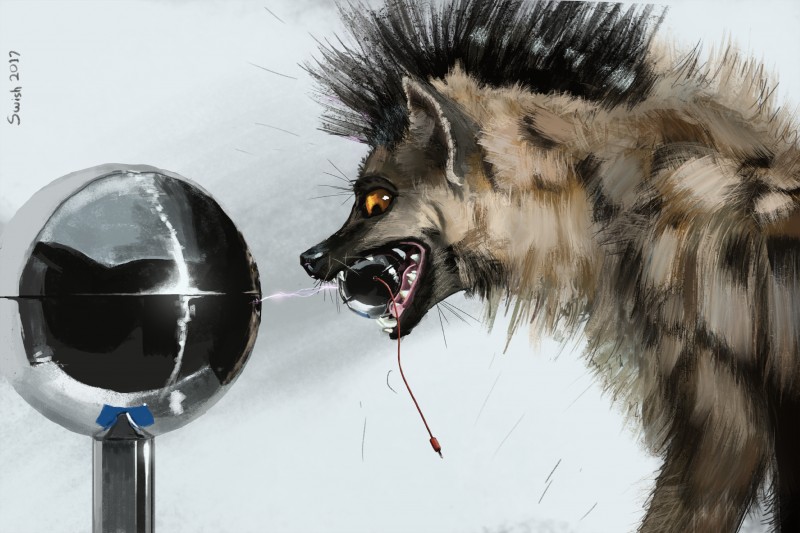 black_nose fangs fur open_mouth solo teeth van_de_graaff_generator yellow_eyes swish hyena mammal spotted_hyena 2017 3:2 absurd_res hi_res