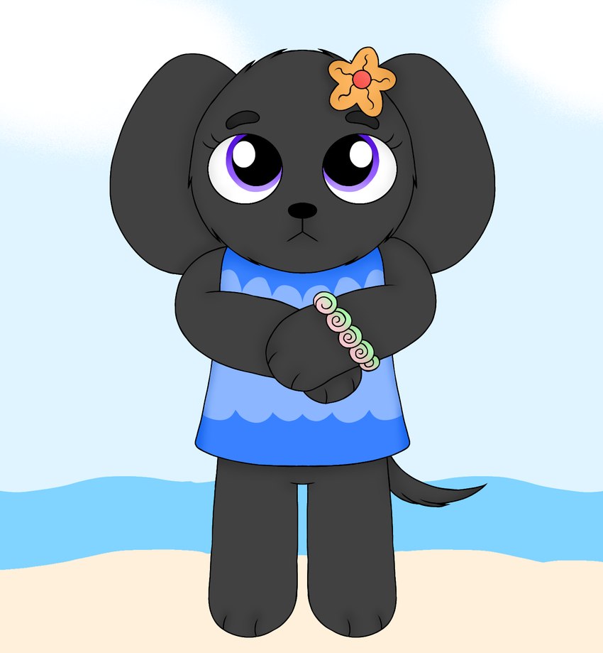 :< accessory anthro black_body black_fur blue_clothing blue_shirt blue_topwear bracelet clothing eyebrows female floppy_ears fur jewelry purple_eyes sea shirt sleeveless_shirt solo starfish_(accessory) thick_eyebrows toony topwear water artziidubz puppies_in_paradise coral_(puppies_in_paradise) asterozoan boykin_spaniel canid canine canis domestic_dog echinoderm island_puppy mammal marine starfish 2024 digital_drawing_(artwork) digital_media_(artwork) hi_res