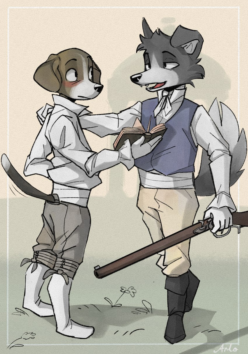 anthro book duo gun hunting male male/male ranged_weapon regency_period shotgun weapon arloatdusk mangohyena percy_(mangohyena) theodore_(mangohyena) beagle border_collie canid canine canis collie domestic_dog herding_dog hunting_dog mammal pastoral_dog scent_hound sheepdog 2023 absurd_res english_description hi_res