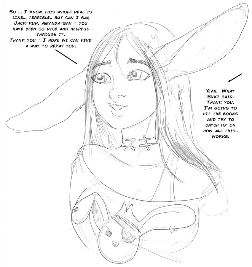 bra breasts choker clothed clothing dialogue female hair jewelry necklace offscreen_character solo text underwear arania the_cabin_in_the_woods_(arania) suki_(tcitw) animal_humanoid humanoid lagomorph lagomorph_humanoid leporid_humanoid mammal mammal_humanoid rabbit_humanoid 2023 comic english_text greyscale hi_res monochrome