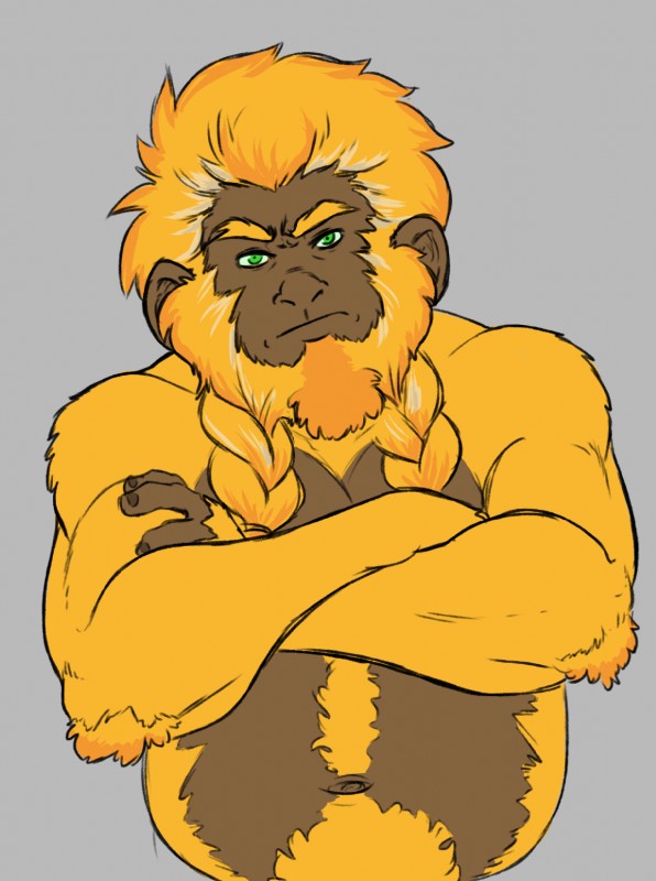 anthro beard biceps braided_beard clothed clothing crossed_arms facial_hair frown fur green_eyes looking_at_viewer male musclegut muscular navel solo topless tuft yellow_body yellow_fur delicatessen garland_(character) callitrichid golden_lion_tamarin haplorhine lion_tamarin mammal monkey new_world_monkey primate digital_media_(artwork) half-length_portrait hi_res portrait