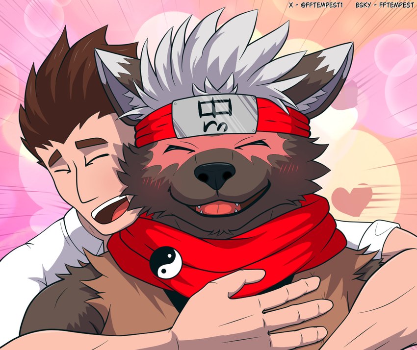 accessory anthro asian_clothing clothing dipstick_ears duo ear_markings east_asian_clothing eyes_closed fangs fur grey_body grey_fur hair happy headband hug male male/male multicolored_ears open_mouth red_headband teeth white_hair fftempest lifewonders tokyo_afterschool_summoners jock_protagonist_(tas) protagonist_(tas) tadatomo_(tas) canid human mammal