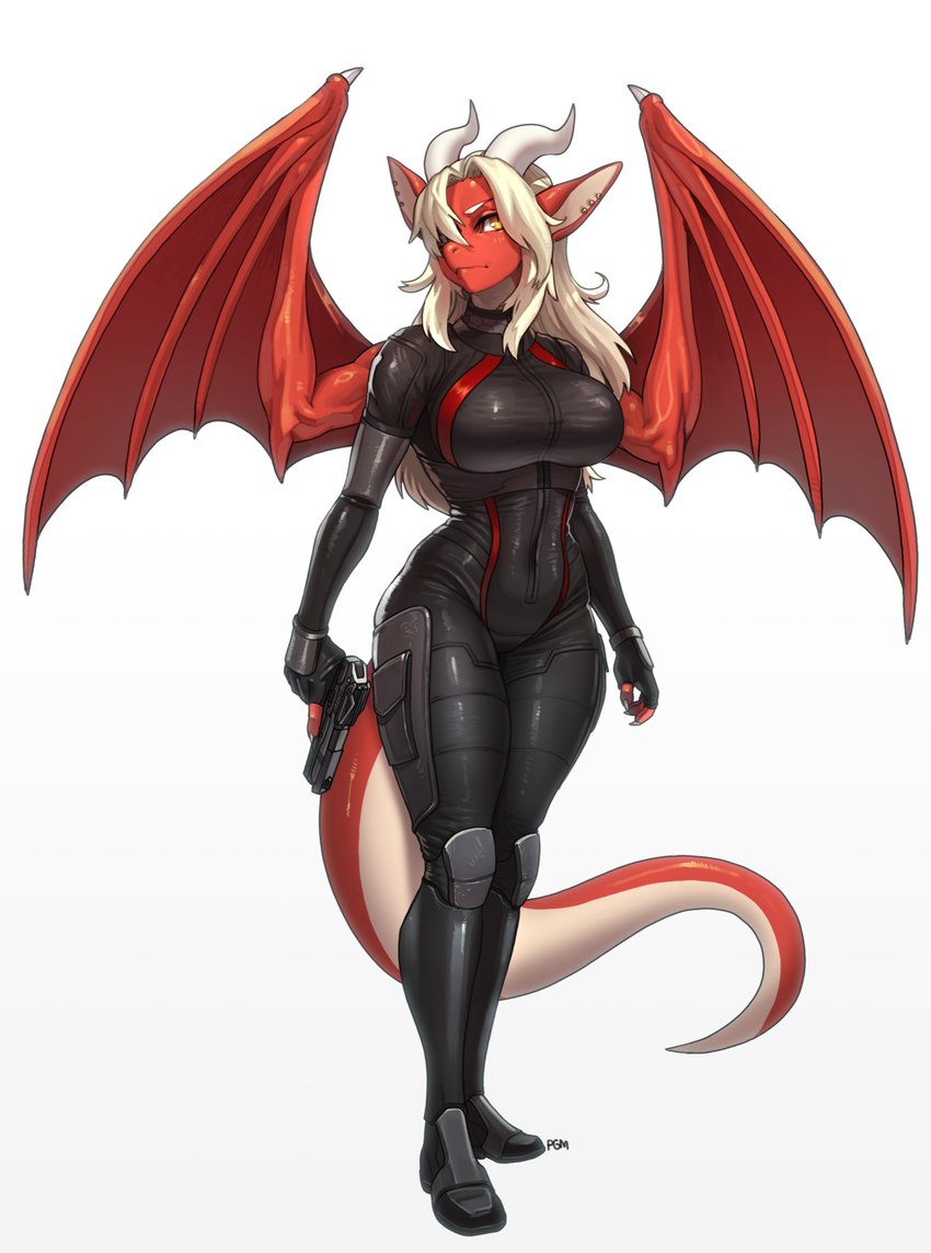 anthro armor big_breasts black_bodysuit black_clothing black_skinsuit blonde_hair bodysuit breasts clothing ear_piercing eyebrows female glistening glistening_bodysuit glistening_clothing glistening_skinsuit gun hair hair_over_eye handgun horn knee_pads long_hair membrane_(anatomy) membranous_wings one_eye_obstructed piercing pistol ranged_weapon red_body red_scales scales simple_background skinsuit solo tail tight_clothing weapon white_background white_horn wings yellow_eyes pgm300 mythology aurelia_(unbeholden) dragon mythological_creature mythological_scalie scalie 2024 absurd_res hi_res