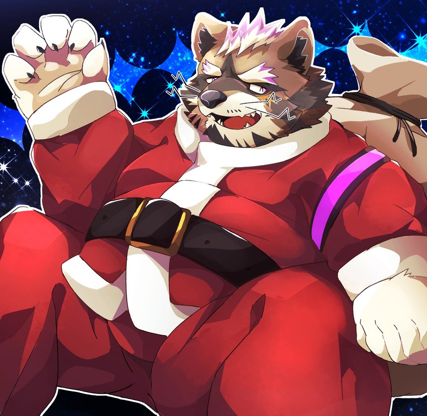 anthro black_nose bottomwear clothing costume humanoid_hands kemono male overweight overweight_male pants santa_costume solo boar_stag144 lifewonders live_a_hero viscunam mammal procyonid raccoon 2023 hi_res