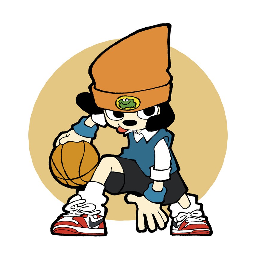 5_fingers anthro ball basketball basketball_(ball) beanie black_bottomwear black_clothing black_shorts blue_clothing blue_topwear blue_vest bottomwear clothing fingers footwear hat headgear headwear holding_basketball looking_at_viewer male orange_beanie orange_clothing orange_hat orange_headwear red_clothing red_footwear shirt shorts socks solo tongue tongue_out topwear vest white_clothing white_footwear white_shirt white_socks white_topwear young young_anthro young_male zumi parappa_the_rapper sony_corporation sony_interactive_entertainment parappa canid canine canis domestic_dog mammal 2025 hi_res japanese_description