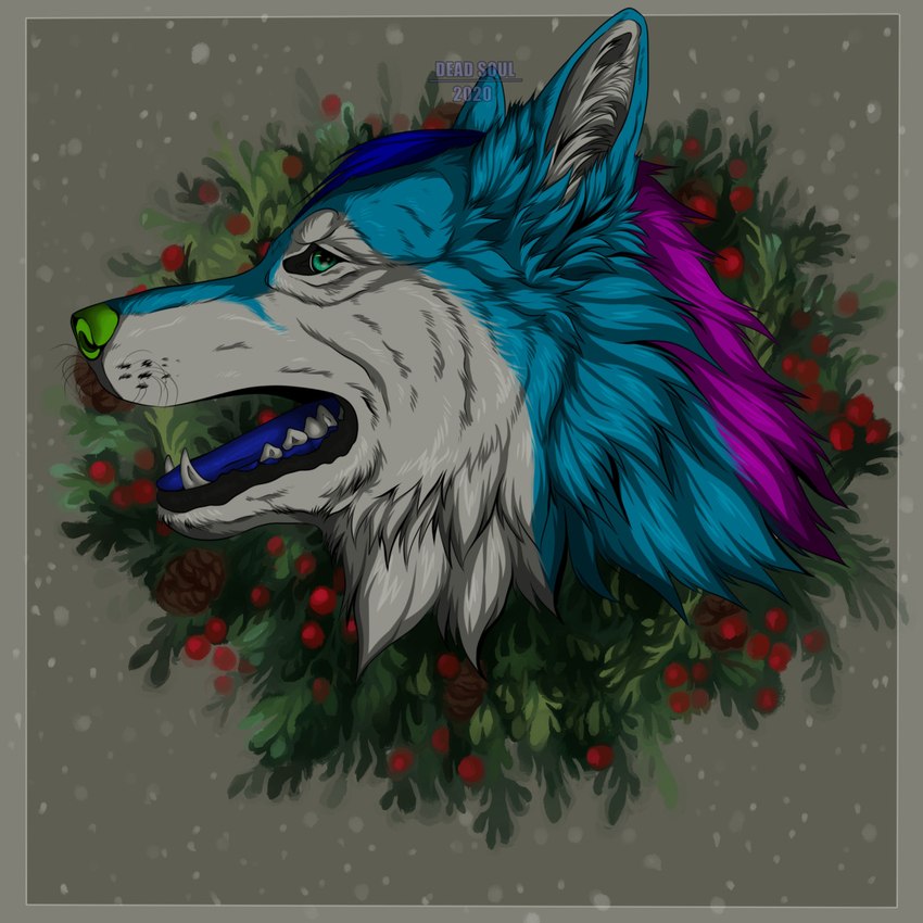 ambiguous_gender black_lips blue_body blue_eyes blue_fur blue_tongue fangs feral fur green_nose lips purple_body purple_fur side_view solo teeth tongue white_body white_fur msdeadsoul canid mammal 1:1 2020 artist_name dated headshot_portrait hi_res portrait