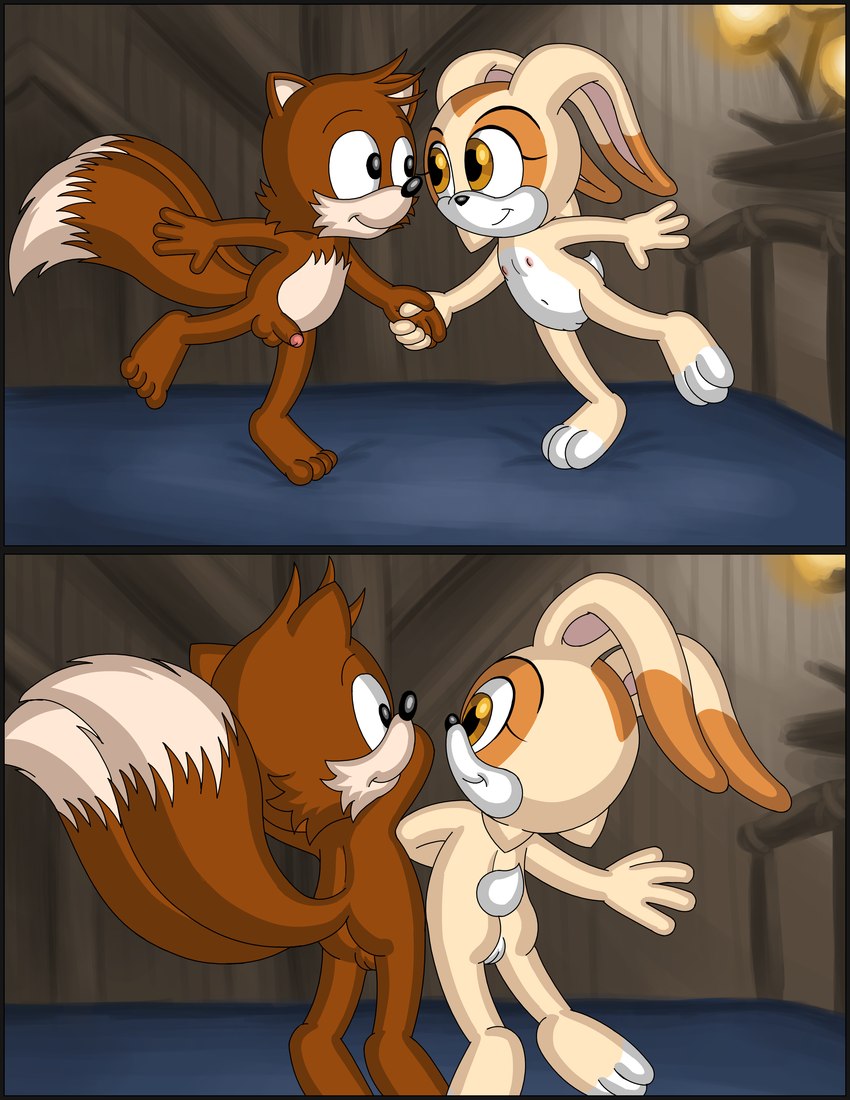 2_tails anthro bed black_border border breasts brown_body brown_fur dialogue duo female flat_chested fur furniture genitals inside male male/female multi_tail nude penis pussy rear_view scut_tail short_tail tail tan_body tan_fur text young omatic sega sonic_the_hedgehog_(satam) sonic_the_hedgehog_(series) cream_the_rabbit miles_prower canid canine fox lagomorph leporid mammal rabbit 2024 absurd_res comic hi_res