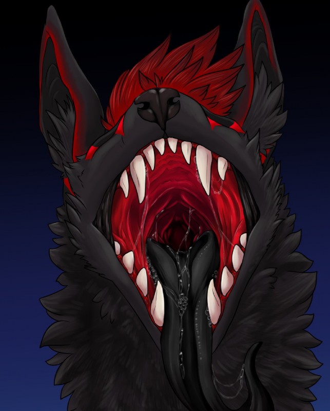 ambiguous_form ambiguous_gender black_body black_fur black_tongue bodily_fluids drooling fangs fluffy fur gaping_mouth long_tongue mouth_shot open_mouth saliva solo teeth tongue tongue_out two_tone_mouth avezola mythology tolt canid canine dragon hybrid mammal mythological_creature mythological_scalie scalie gloom_(disambiguation) 2017 digital_media_(artwork) headshot_portrait hi_res portrait