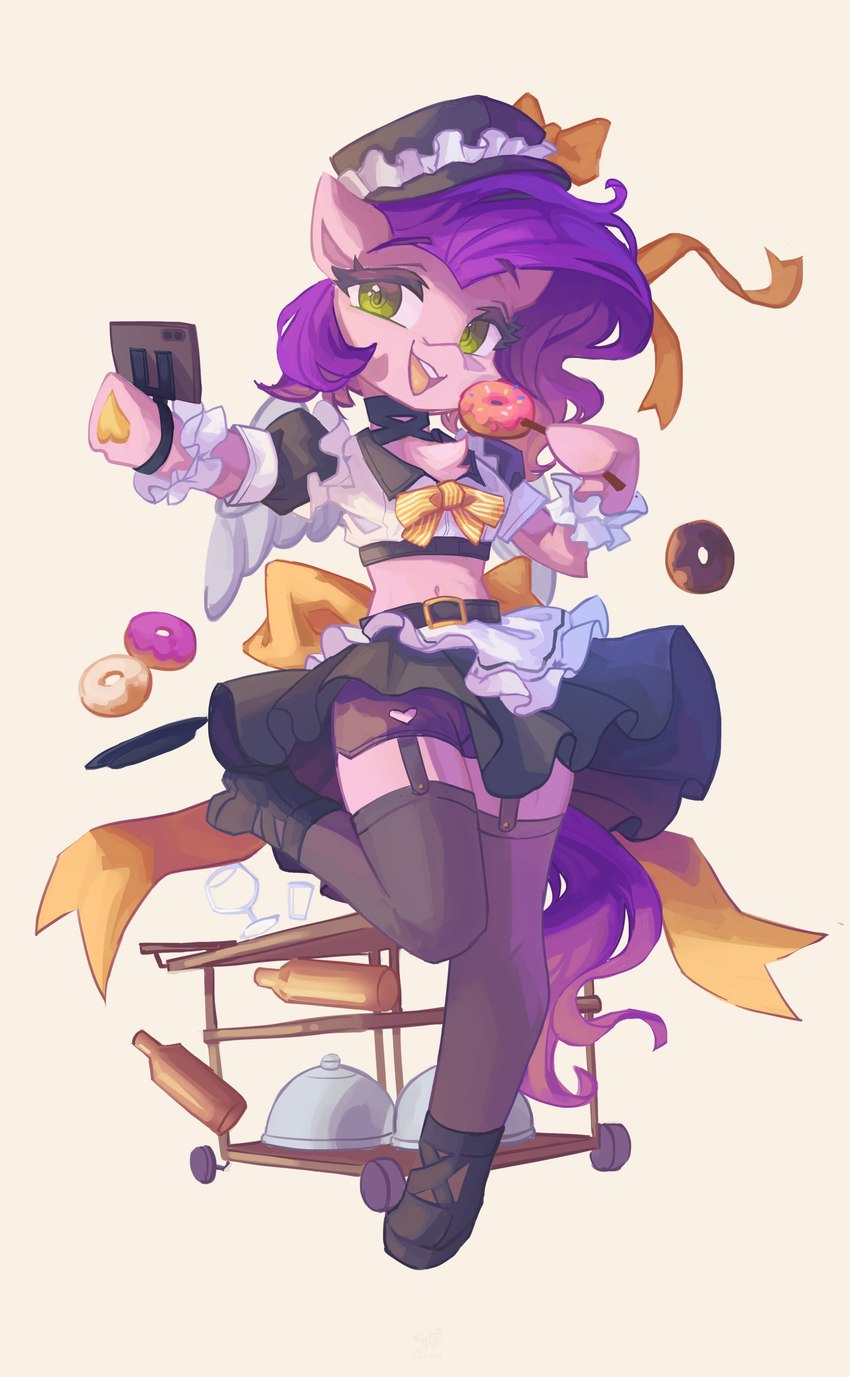 belt cellphone clothing dessert doughnut electronics female food green_eyes hair hat headgear headwear holding_object maid_uniform open_mouth pastry phone pink_body purple_hair purple_tail ribbons semi-anthro simple_background smartphone solo tail uniform white_background wings saxopi hasbro mlp_g5 my_little_pony mythology pipp_petals_(mlp) equid equine mammal mythological_creature mythological_equine pegasus absurd_res digital_media_(artwork) hi_res