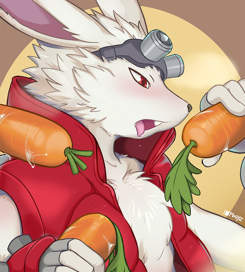 anthro bare_chest blush carrot clothing eyewear fluffy_chest food food_fetish fur goggles long_ears male plant red_clothing red_eyes solo suggestive suggestive_food topwear vegetable vest white_body white_fur impboyz summer_wars king_kazma lagomorph leporid mammal rabbit