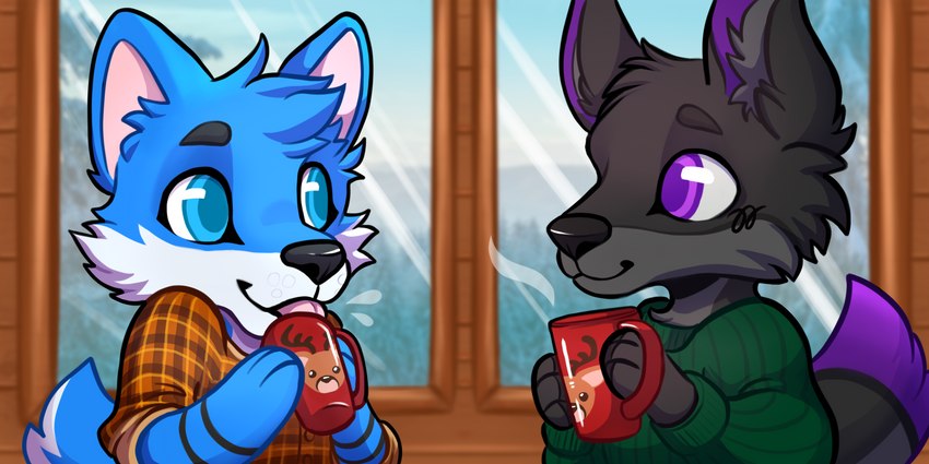 anthro beverage blep candy chocolate clothing dessert duo food holidays hot_chocolate love male male/male snow sweater tongue tongue_out topwear winter eastcraven christmas neon_panther slinx_(character) canid canine canis domestic_dog fox husky mammal nordic_sled_dog spitz 2:1 absurd_res hi_res