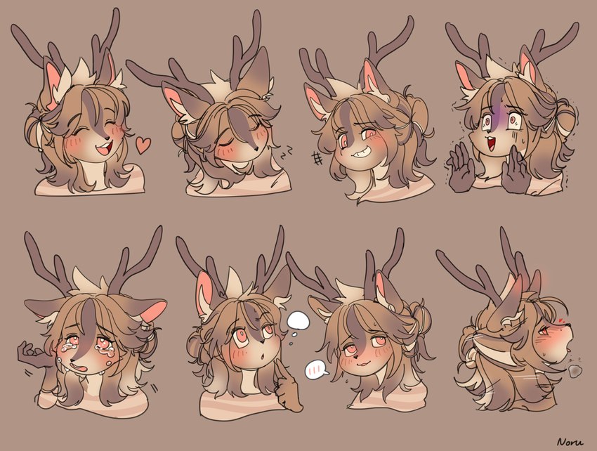 anthro antlers aroused aroused_face bedroom_eyes blush bodily_fluids breath brown_body brown_fur brown_hair clothing crying embarrassed emote emotion_chart femboy fur hair hair_bun heart_symbol horn inner_ear_fluff looking_pleasured male multicolored_body multicolored_fur multicolored_hair narrowed_eyes panting pattern_clothing pink_eyes sad scared seductive shaking shivering sleeping smile smug smug_face sobbing solo striped_clothing stripes tears thinking thought_bubble tied_hair tuft noruru3737 noru_(noruru3737) deer mammal new_world_deer roe_deer absurd_res artist_name digital_media_(artwork) hi_res