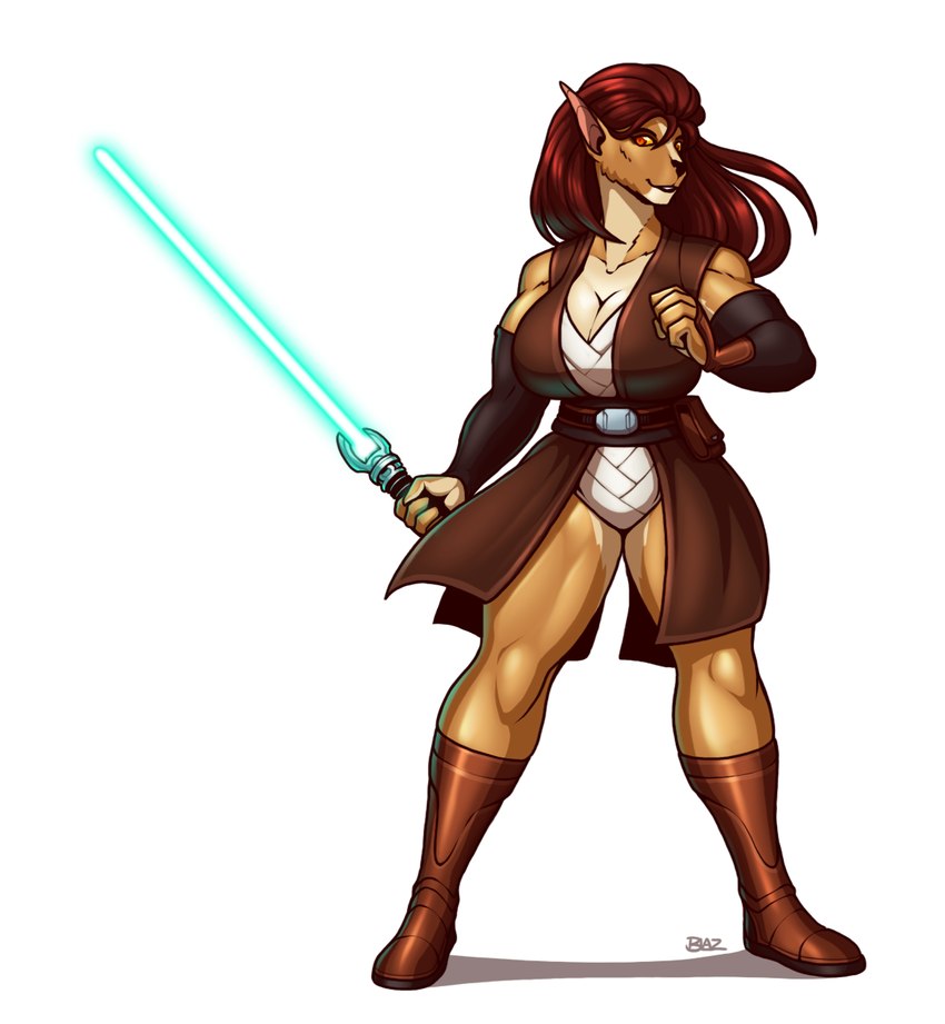 anthro big_breasts breasts clothed clothing female green_lightsaber hair jedi jedi_tunic lightsaber long_hair looking_at_viewer melee_weapon muscular muscular_female muscular_thighs simple_background solo teal_lightsaber thick_thighs weapon blazbaros star_wars alien bothan canid felid mammal 2020 hi_res