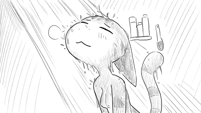 anthro bathing breasts female fur nipples nude shower showering simple_background solo striped_body striped_fur stripes water wet wet_body wet_fur dragonweirdo animal_crossing nintendo lolly_(animal_crossing) domestic_cat felid feline felis mammal 16:9 digital_drawing_(artwork) digital_media_(artwork) greyscale hi_res monochrome sketch story story_in_description widescreen