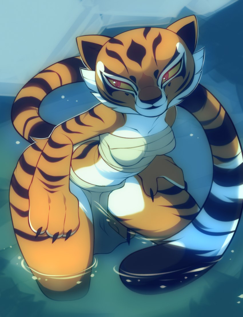 anthro biped black_stripes bottomwear breasts clothed clothing female fur loincloth midriff mouth_closed orange_body orange_fur partially_submerged red_eyes skimpy small_breasts smile solo spread_legs spreading standing standing_in_water stripes thick_thighs water white_body white_fur wide_hips wraps wraps_only yellow_sclera wildblur dreamworks kung_fu_panda master_tigress felid mammal pantherine tiger 2024 hi_res