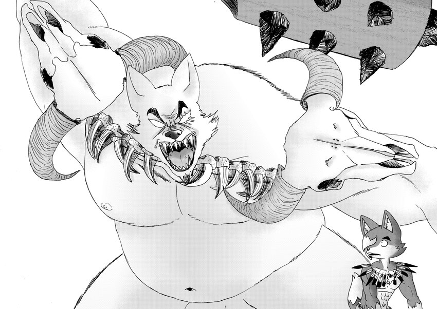 bone cloud club_(weapon) collar collar_only duo eyebrows eyewear facial_hair fangs feathers fight male melee_weapon muscular muscular_male nude overweight overweight_male screaming skull teeth text weapon efradraws northwind_(efradraws) olbo_(efradraws) uspul_(efradraws) canid canine canis mammal wolf absurd_res black_and_white comic english_text hi_res monochrome