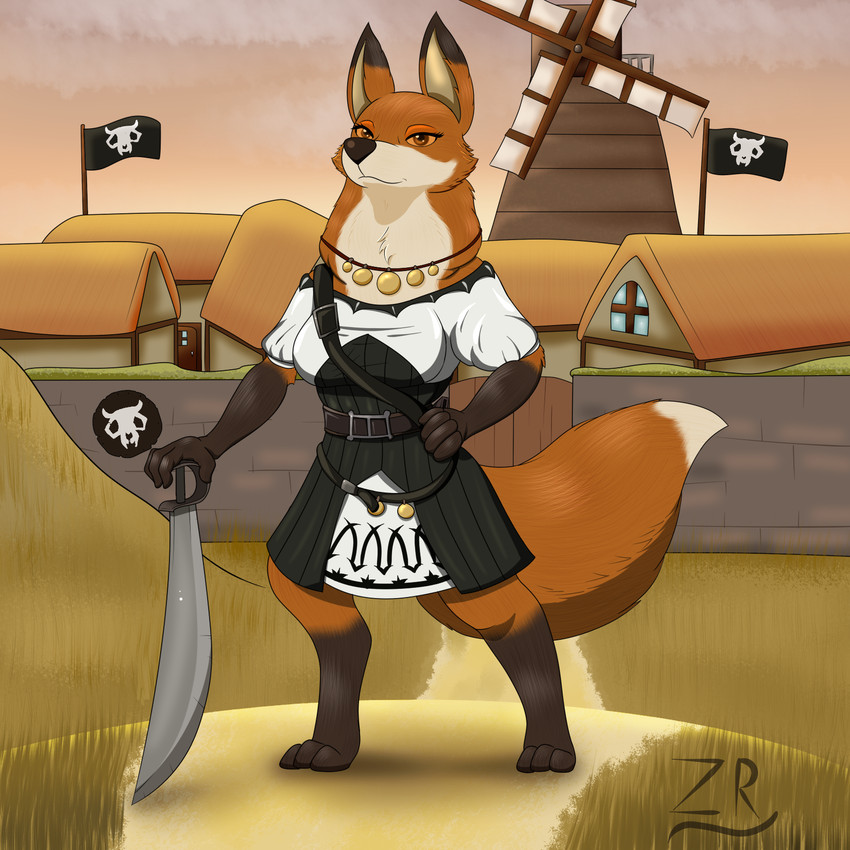 anthro arm_tuft belt cheek_tuft clothing dipstick_tail dress elbow_tuft facial_tuft female flags fur jewelry markings melee_weapon multicolored_tail neck_tuft necklace orange_body orange_fur settlement solo sword tail tail_markings tuft weapon white_tail_tip furryrex_(artist) armello league_of_geeks scarlet_(armello) canid canine fox mammal bandit_(disambiguation) 1:1 hi_res