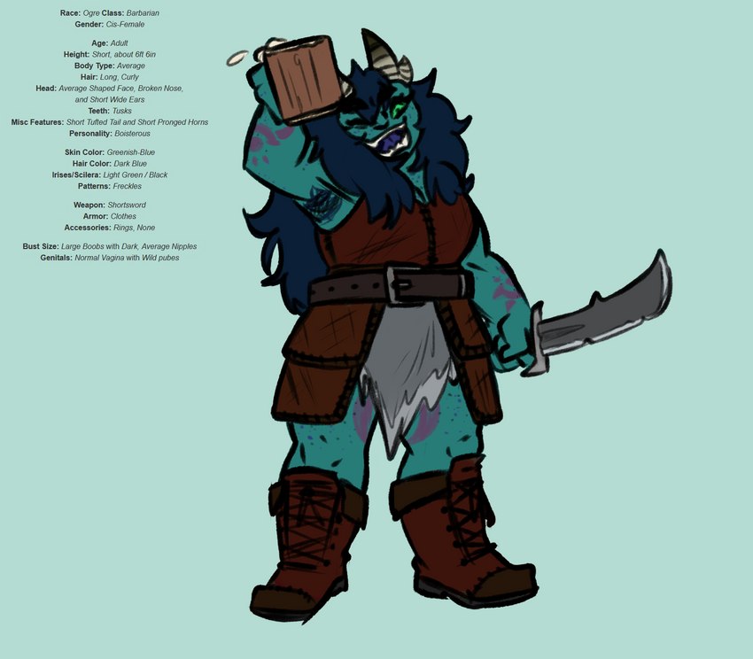 armor cheers drinking female freckles horn leather leather_armor melee_weapon monster_maker_for_monsterfuckers randomly_generated simple_background solo sword tattoo text weapon ravenpen15 humanoid ogre english_text hi_res