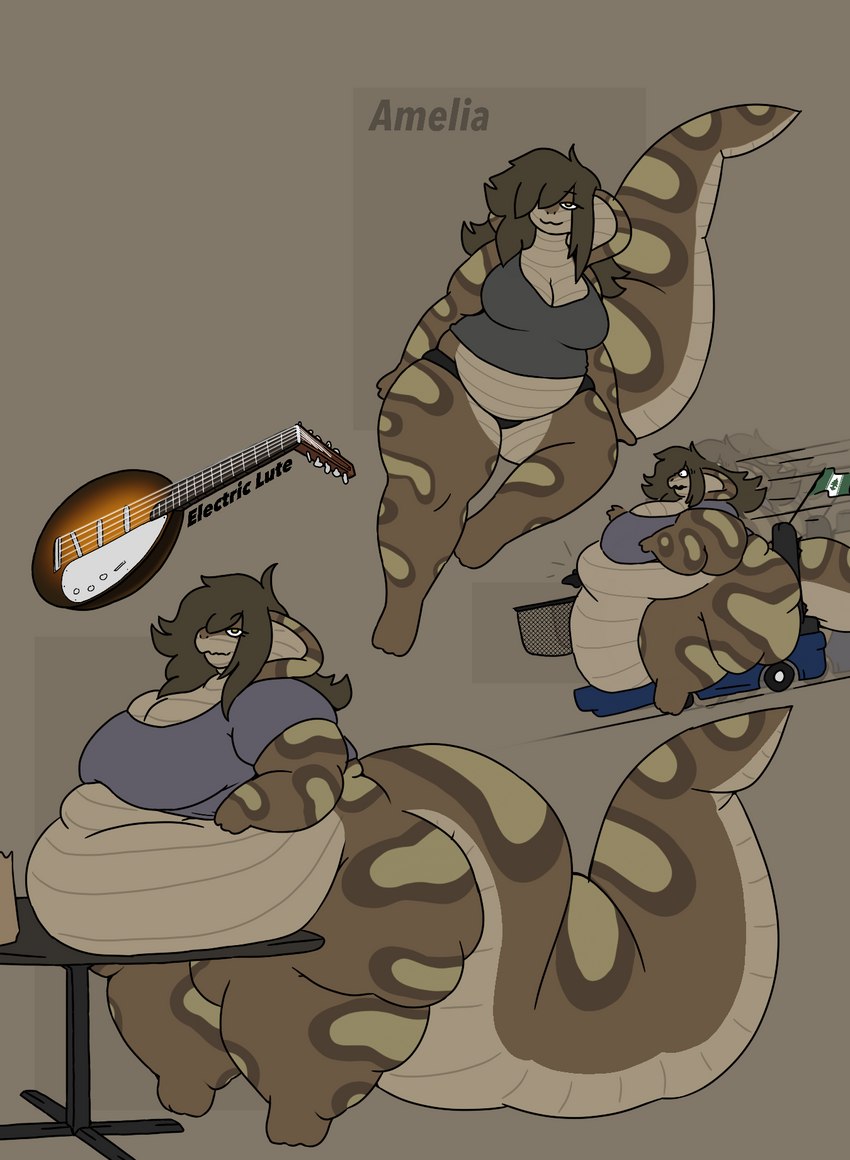 anthro belly big_belly big_breasts biped breasts brown_body brown_hair butt clothed clothing female hair looking_at_viewer lute mobility_scooter morbidly_obese musical_instrument navel non-mammal_breasts obese obese_anthro obese_female overweight overweight_anthro overweight_female plucked_string_instrument scales simple_background slightly_chubby slightly_chubby_female smile snake_hood solo string_instrument tail text thick_thighs wide_hips yellow_eyes mexifurfoof amelia_(mexifurfoof) cobra mammal reptile scalie snake digital_drawing_(artwork) digital_media_(artwork) hi_res