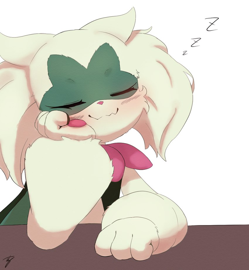 3_fingers ambiguous_gender anthro arm_support blush cheek_tuft eyes_closed facial_markings facial_tuft fingers front_view fur green_body green_fur head_markings kemono markings mask_(marking) mask_removed multicolored_body multicolored_fur nude pawpads pink_nose pink_pawpads simple_background sleeping smile solo sound_effects tan_body tan_ears tan_fur tuft two_tone_body two_tone_fur vowelless vowelless_sound_effect white_background zzz suru56nee nintendo pokemon felid feline generation_9_pokemon mammal meowscarada pokemon_(species) 2024 colored half-length_portrait hi_res portrait shaded signature