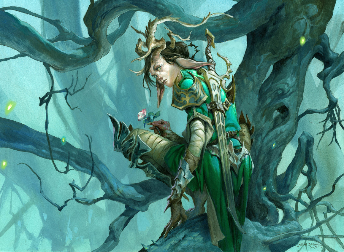 animal_ears antlers armor clothing crouching female flower green_clothing holding_flower holding_object horn in_tree looking_at_viewer looking_back looking_back_at_viewer melee_weapon plant solo sword tree weapon jesper_ejsing hasbro magic:_the_gathering wizards_of_the_coast animal_humanoid humanoid 2017 hi_res official_art traditional_media_(artwork)