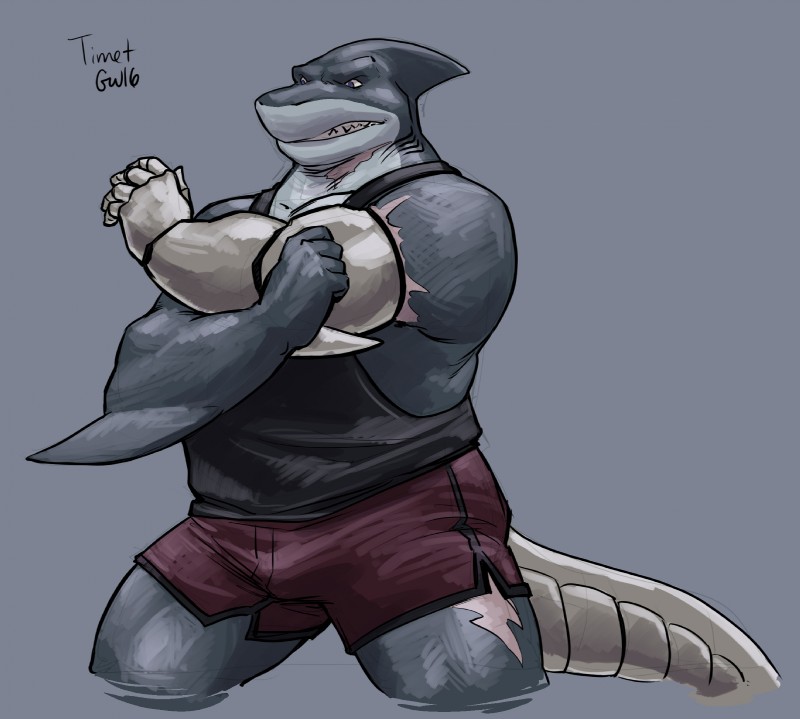 anthro biceps bottomwear clothed clothing cybernetic_arm cybernetic_hand cybernetic_limb cybernetic_tail cybernetics grey_background machine metal muscular muscular_anthro prosthetic shirt shorts simple_background solo tank_top teeth topwear captaingerbear luxordtimet biomechanical fish marine shark david_(disambiguation) hi_res