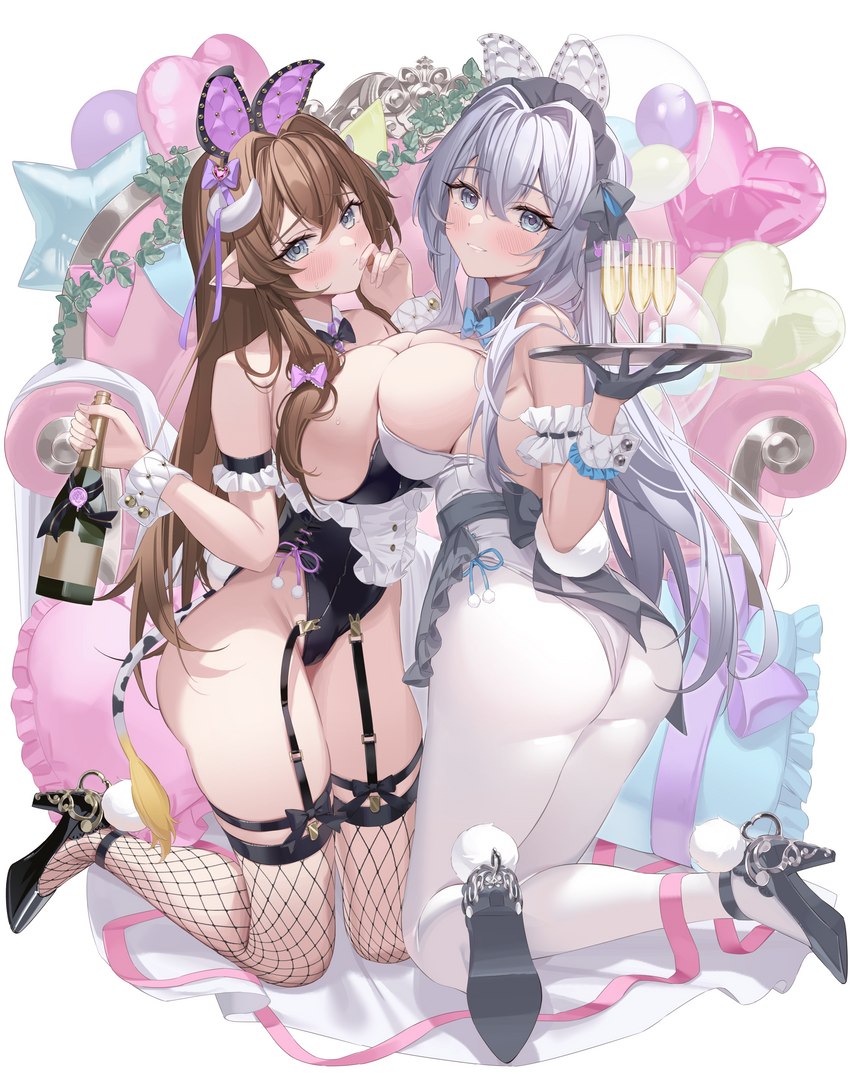 alcohol beverage big_breasts breast_squish breasts breasts_frottage champagne cleavage clothed clothing duo female fishnet_clothing fishnet_legwear garter_straps legwear squish satouminami animal_humanoid bovid bovid_humanoid bovine bovine_humanoid cattle_humanoid human humanoid mammal mammal_humanoid absurd_res hi_res