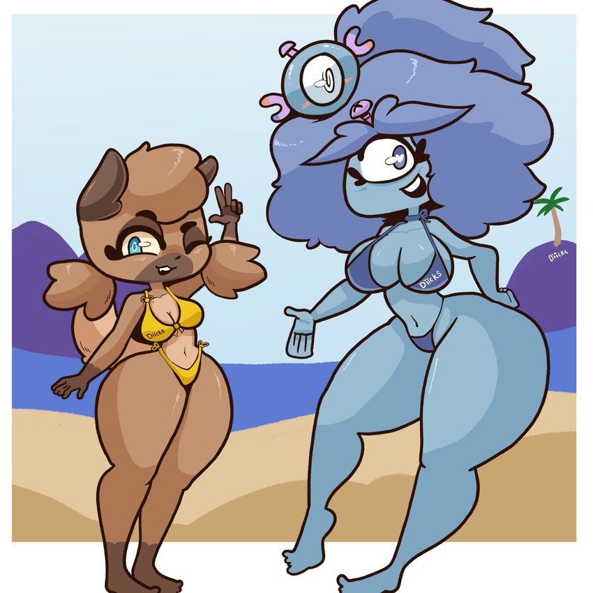 1_eye anthro beach big_breasts bikini blue_hair breasts brown_body clothing duo feet female hair looking_at_viewer navel open_mouth outside sand seaside smile swimwear thick_thighs two-piece_swimsuit wide_hips diicks nintendo pokemon koi_(kiss_the_carrot) petra_(kiss_the_carrot) canid canine canis cyclops generation_1_pokemon generation_7_pokemon magnemite mammal pokemon_(species) rockruff 1:1 absurd_res digital_media_(artwork) hi_res shaded