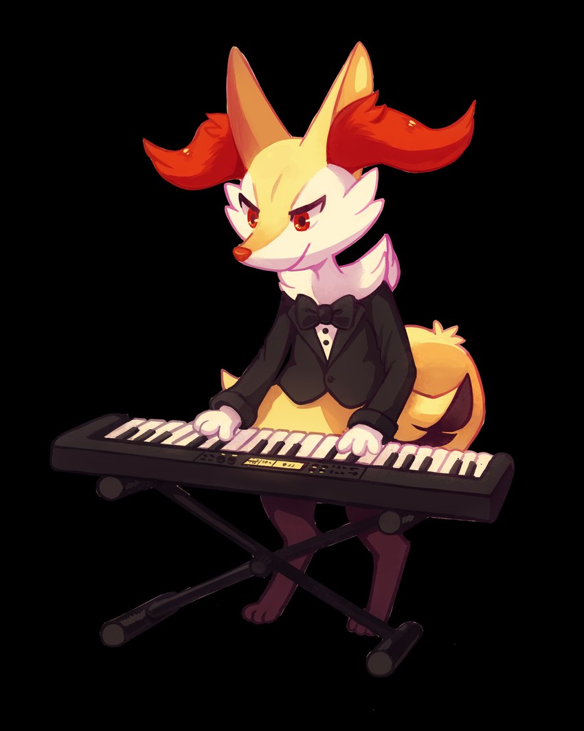 ambiguous_gender anthro biped bow_tie closed_smile clothing fluffy fluffy_tail fur inner_ear_fluff keyboard_instrument mouth_closed musical_instrument paws piano playing_music playing_piano pupils red_eyes red_inner_ear_fluff smile solo standing suit tail tuft white_body white_fur white_sclera yellow_body yellow_fur flavia-elric nintendo pokemon braixen generation_6_pokemon pokemon_(species) 2017 4:5 alpha_channel digital_media_(artwork) hi_res