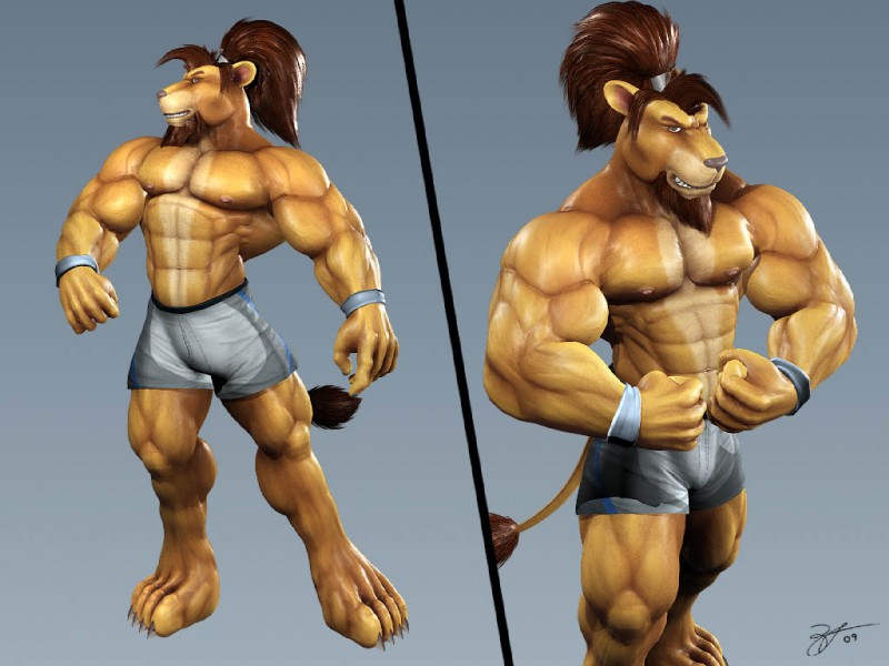 abs anthro athletic barefoot biceps big_muscles biped bottomwear brown_body brown_fur brown_hair brown_nose claws clothed clothing fangs feet flexing fur grey_eyes hair looking_at_viewer male muscular muscular_anthro muscular_male navel nipples pecs ponytail shorts solo standing tail tail_tuft tan_body tan_fur teeth toe_claws topless tuft wristband braford stan_(braford) felid lion mammal pantherine 3d_(artwork) 4:3 digital_media_(artwork)