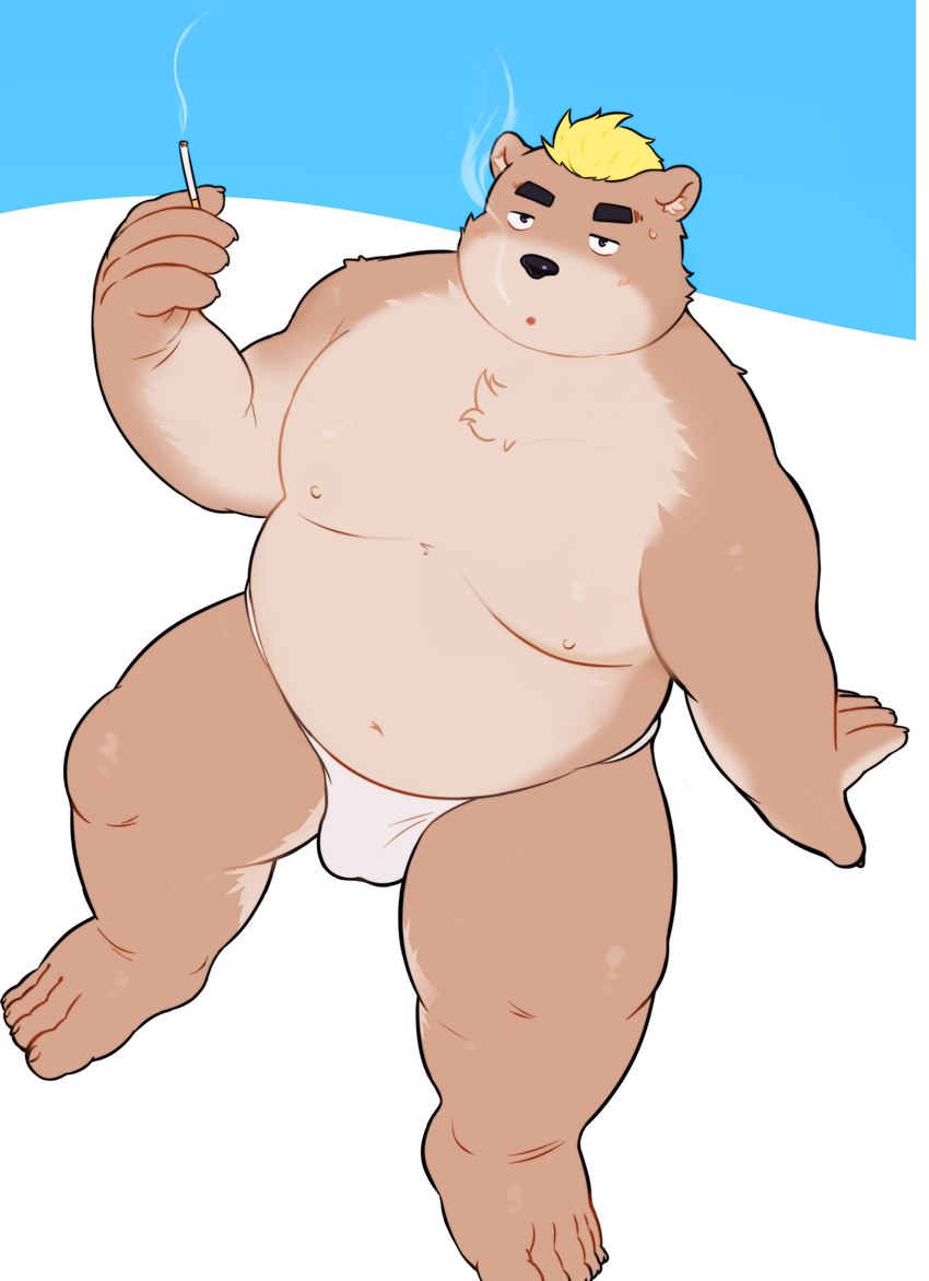 anthro belly black_nose blonde_hair brown_body brown_fur bulge clothing detailed_bulge fur genital_outline hair kemono male moobs navel nipples overweight overweight_anthro overweight_male penis_outline simple_background sitting smoking solo underwear neiiio bear mammal 2021 absurd_res hi_res