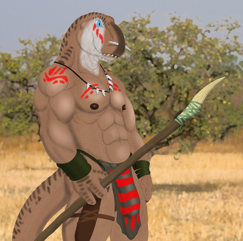 3_fingers abs anthro balls barely_visible_balls barely_visible_genitalia biceps blue_eyes bone bone_necklace bottomwear bulge claws clothing crotch_apron darkened_genitalia detailed_bulge fingers genital_outline genitals holding_melee_weapon holding_object holding_polearm holding_spear holding_weapon ineffective_clothing ineffective_loincloth jewelry loincloth looking_aside male markings melee_weapon muscular muscular_anthro muscular_male navel necklace nipples outside pecs penis_outline polearm red_markings savanna smile solo spear standing teeth tribal tribal_markings weapon kaa_bakensobek dinosaur prehistoric_species reptile scalie theropod tyrannosaurid tyrannosauroid tyrannosaurus tyrannosaurus_rex 2022 hi_res portrait three-quarter_portrait