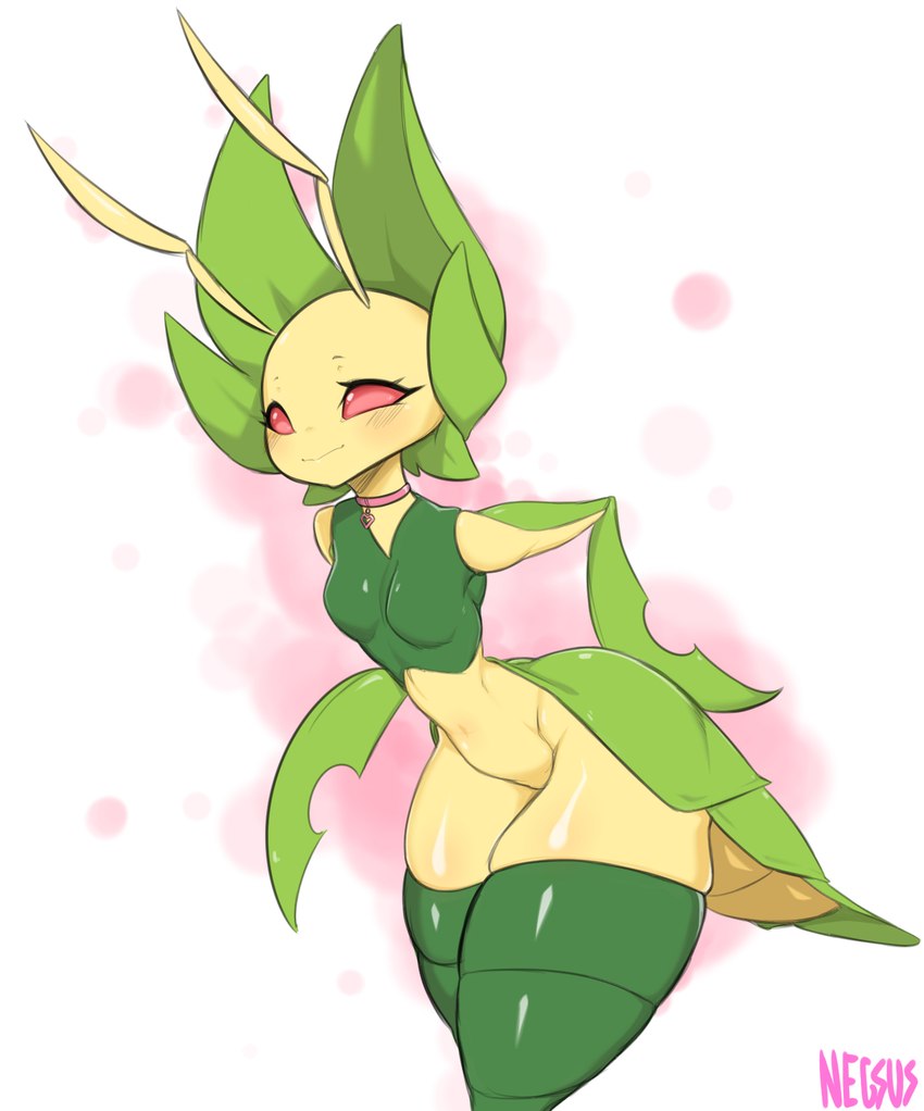 antennae_(anatomy) anthro breasts collar female simple_background small_breasts solo yellow_body negsus nintendo pokemon arthropod generation_5_pokemon leavanny pokemon_(species) 2022 hi_res signature