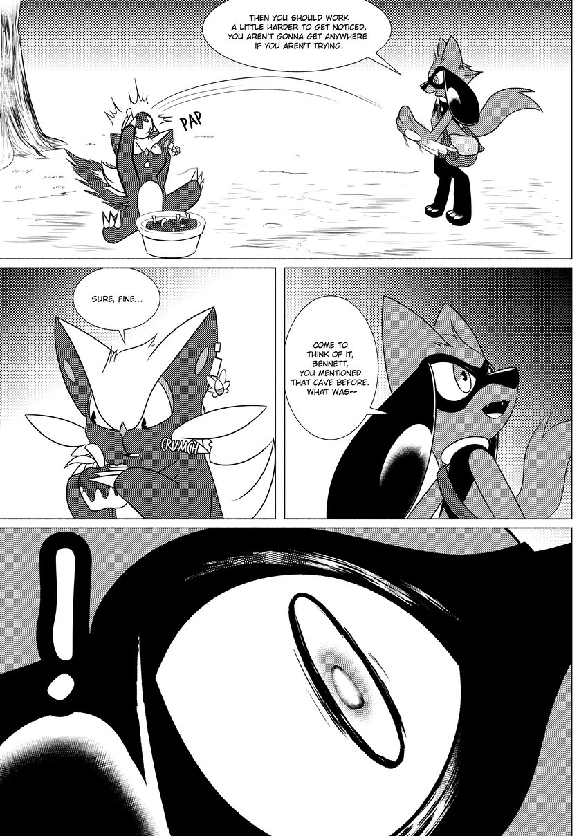 apple bag dialogue food fruit male onomatopoeia plant sound_effects speech_bubble text xetajts nintendo pokemon pokemon_mystery_dungeon spike_chunsoft koray_(clockwork_journeys) tai_(clokwork_journeys) generation_4_pokemon pokemon_(species) riolu stunky absurd_res comic english_text greyscale hi_res monochrome