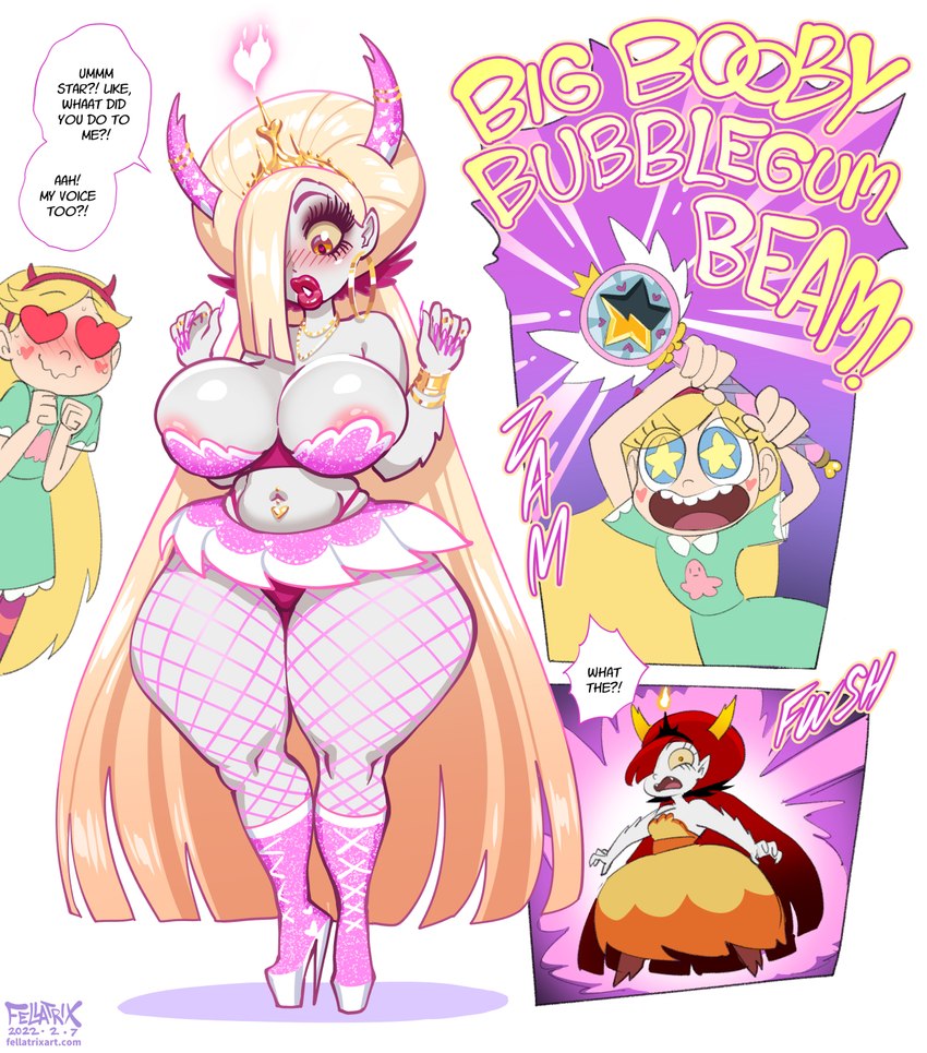 big_breasts bimbofication bimbopoo blush breasts clothing crown duo female fishnet_clothing fishnet_legwear footwear hair hair_over_eye headgear high_heels horn legwear navel navel_piercing not_furry one_eye_obstructed piercing shoes thick_thighs tiara wide_hips fellatrix disney star_vs._the_forces_of_evil hekapoo star_butterfly horned_humanoid humanoid hi_res