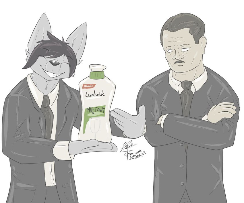 anthro black_clothing black_hair black_suit black_tie_(suit) cleaning_supplies clothing duo eyes_closed facial_hair fur grey_body grey_fur hair hands_crossed holding_object looking_at_another male mustache necktie pointing_at_object smile smiling_at_viewer suit slavv0 boleslaw_piasecki lucas_poland human mammal